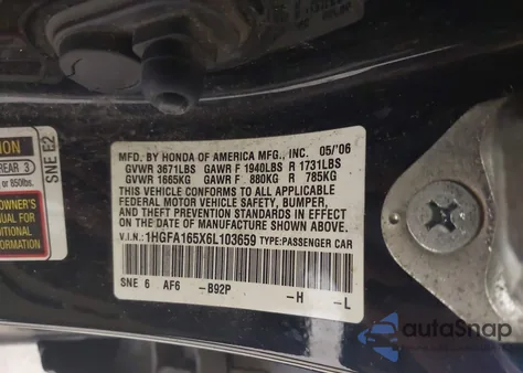 2006 Honda Civic Lx z USA, uszkodzony, nr VIN 1HGFA165X6L103659